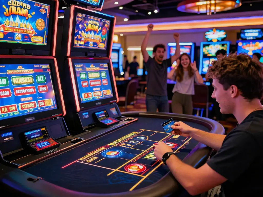 Excited player at a credit card casino celebrating a big win amidst colorful slot machines and game interfaces.