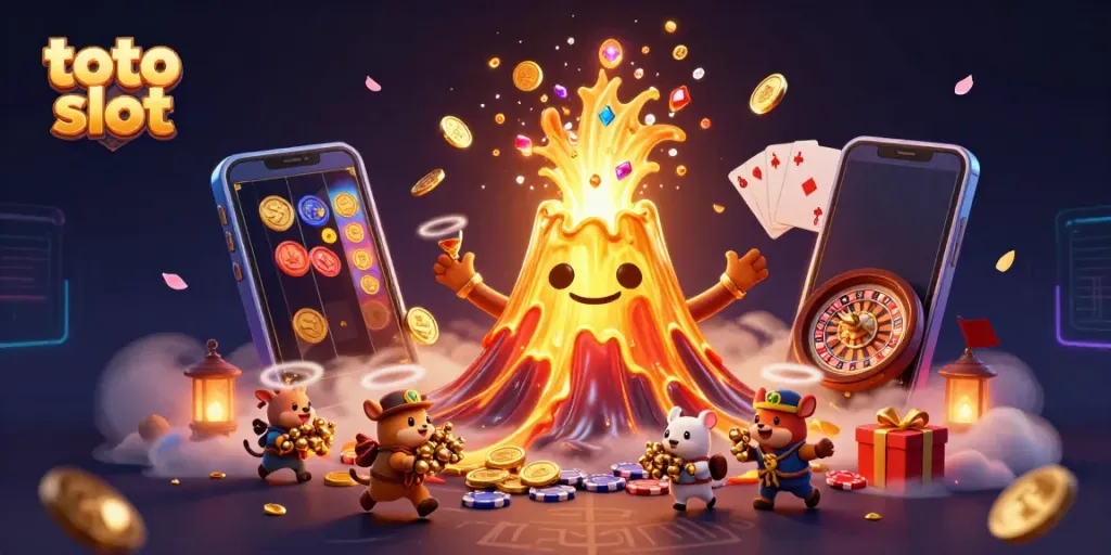 Experience the excitement of toto slot with a vibrant volcanic scene erupting treasures and games.