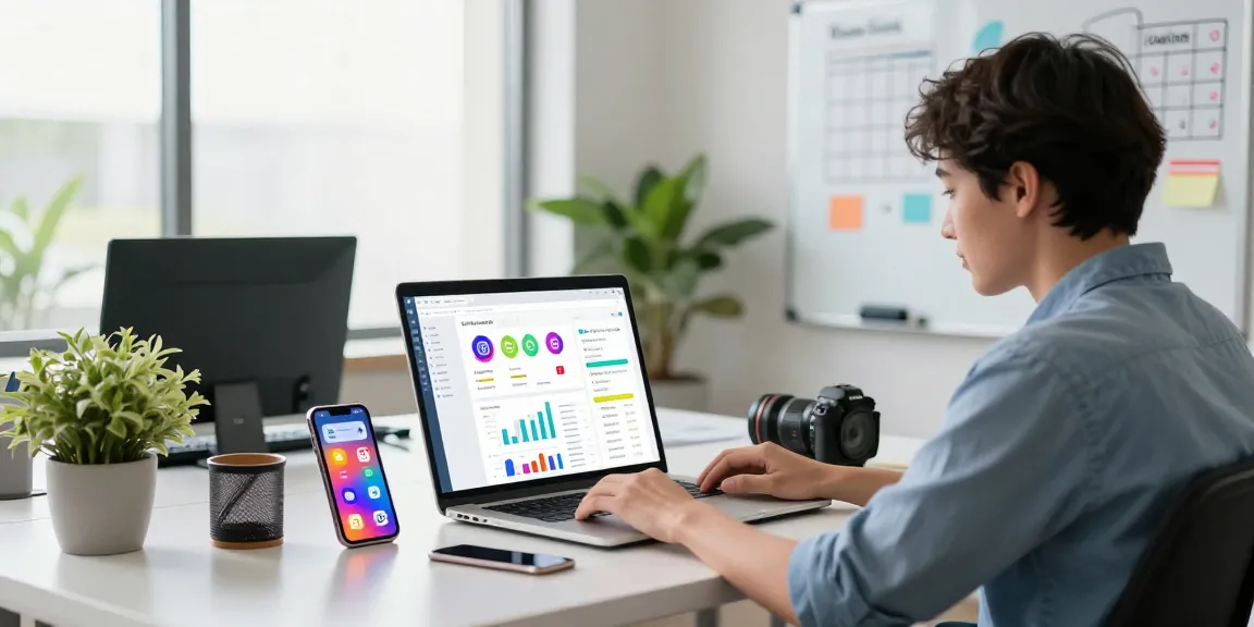 Small business owner using tools to automate my social media management in a vibrant office.
