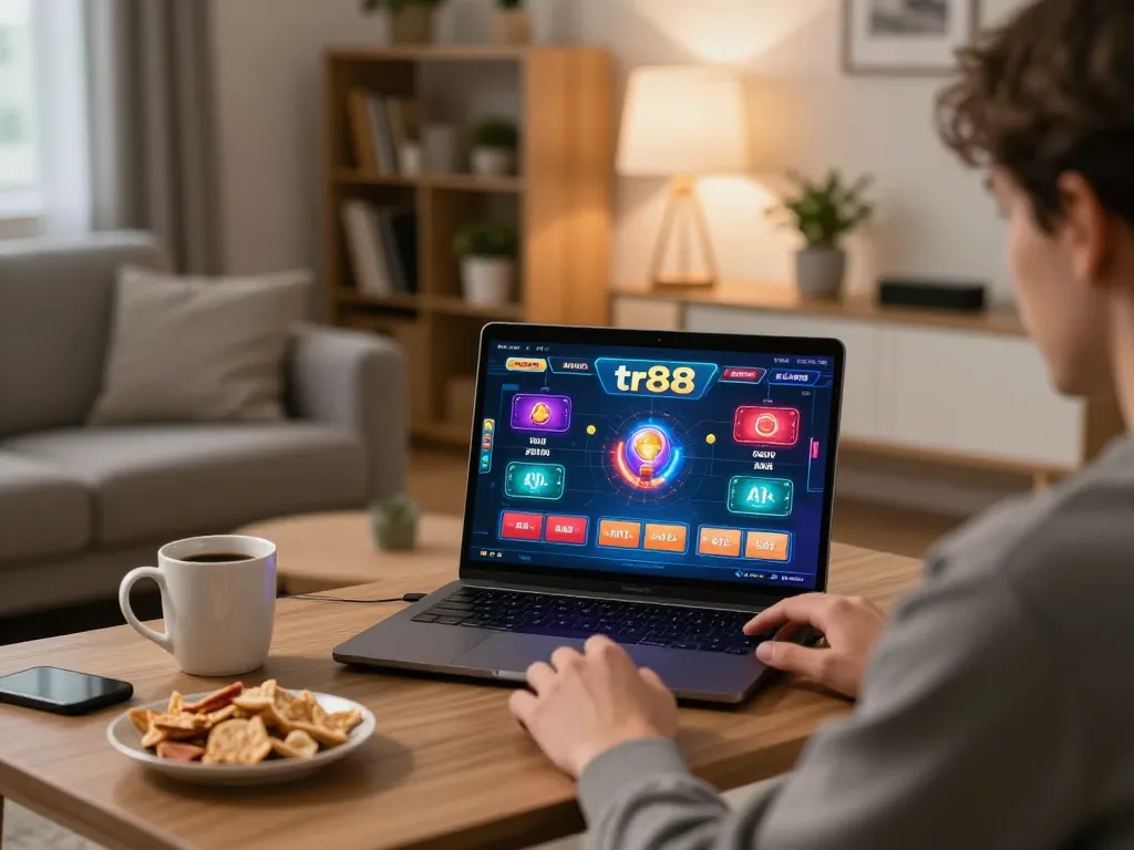 Player enjoying online gaming on tr88 in a cozy home setup with coffee and snacks.