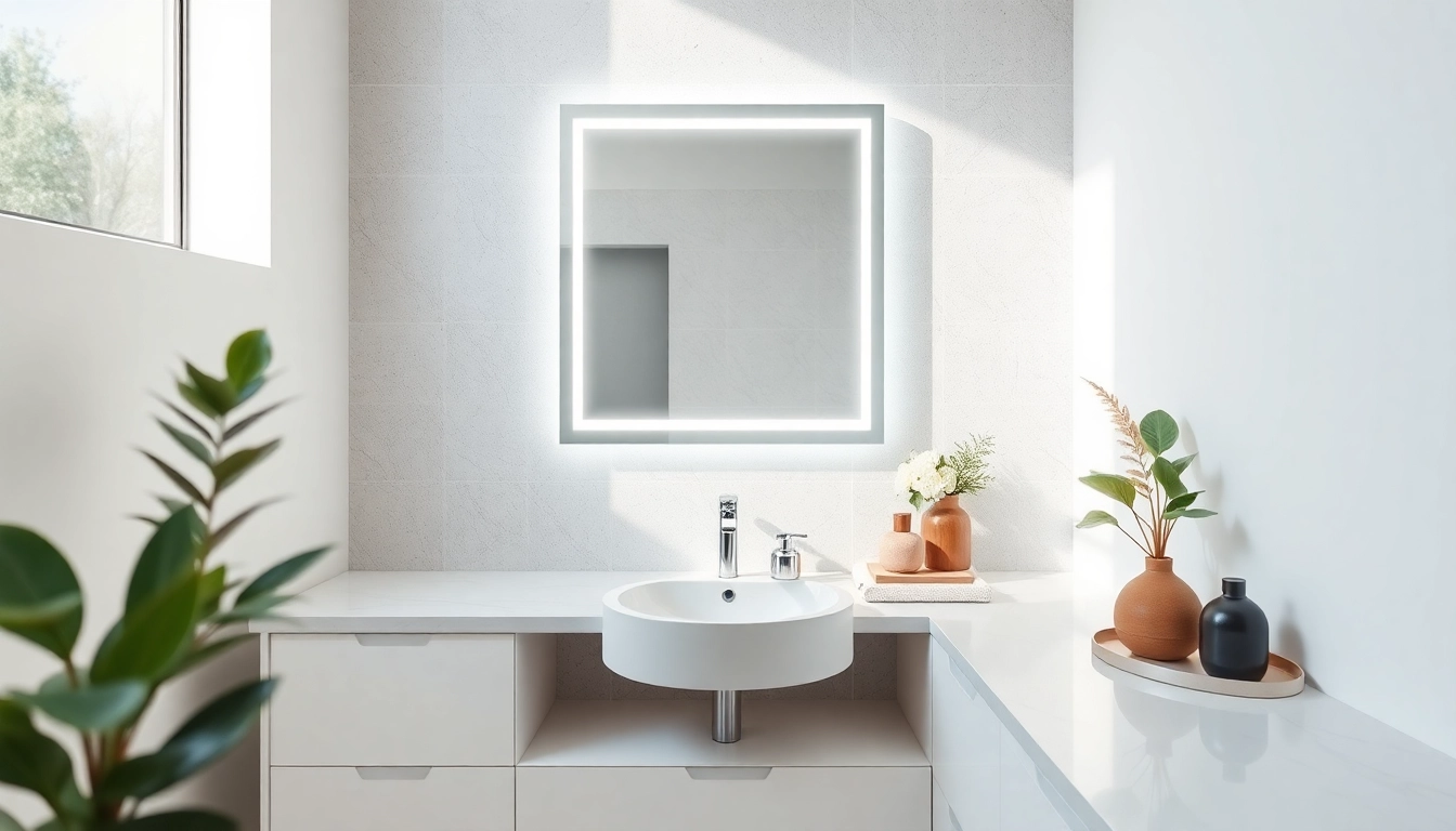 Showcasing an elegant led mirror illuminating a modern bathroom with stylish accessories.