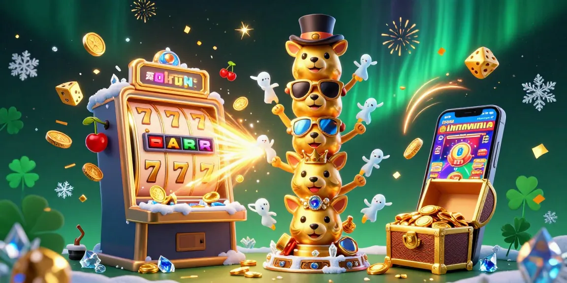 Engage in thrilling gameplay at okfun with a vibrant casino-themed illustration featuring dynamic slot machines, golden totems, and exciting game elements.