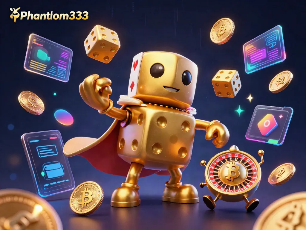 Engaging scene showcasing Phantom333's lively gaming elements with a golden dice golem and crypto accents.