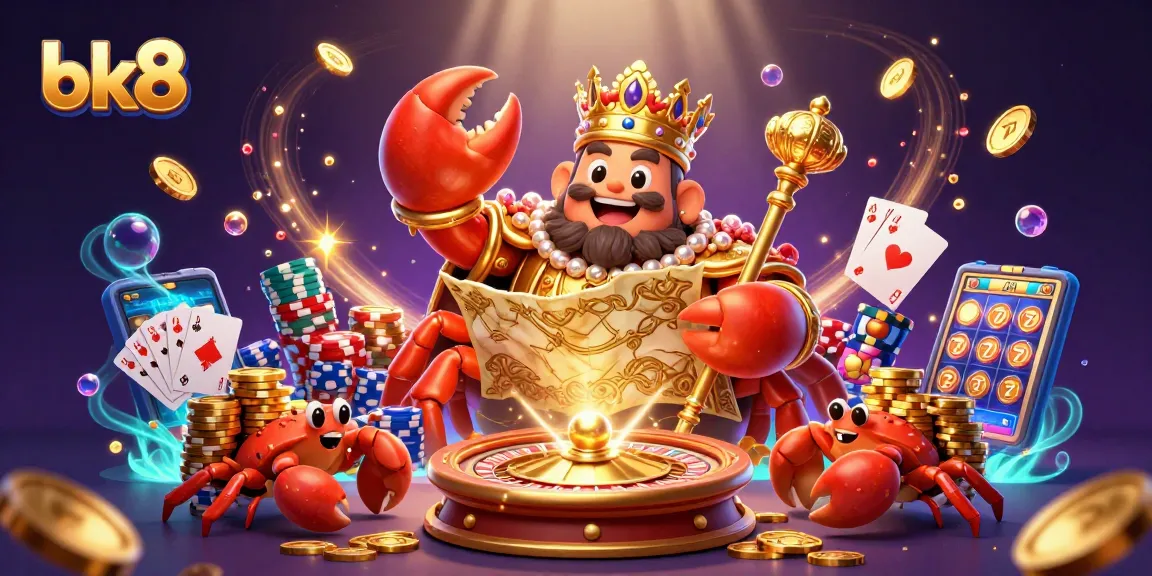 Experience the thrilling bk8 atmosphere with a golden crab emperor and treasure amidst cascading coins and game elements.