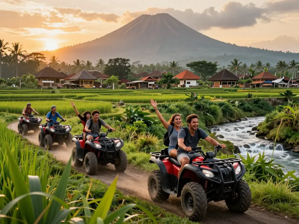 Bali tour packages featuring thrilling ATV adventures through lush jungles and rice fields at sunset.