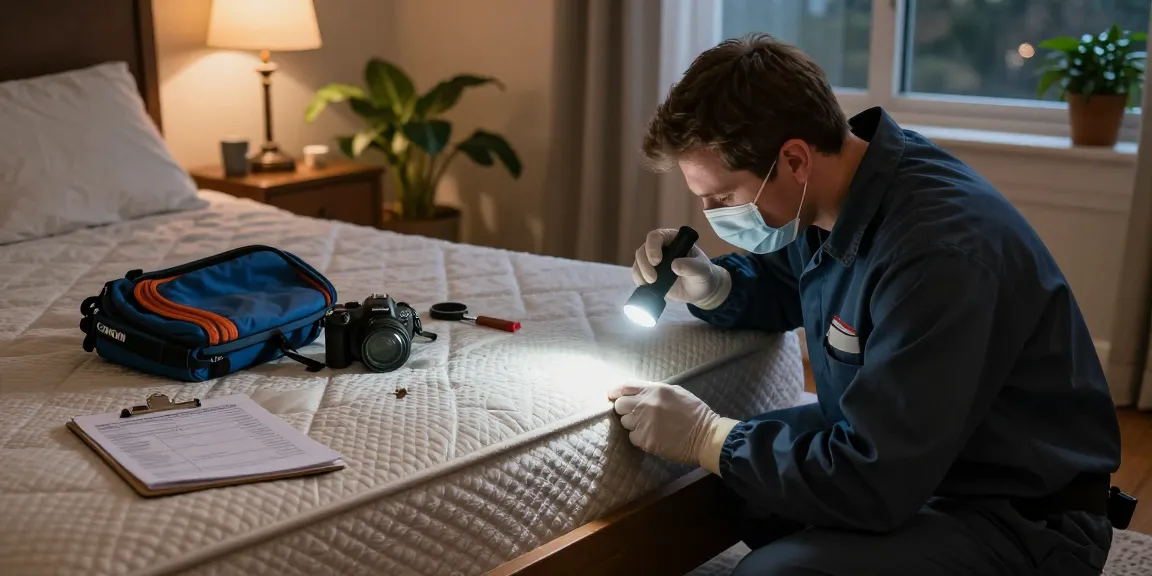 Professional bed bug control inspection in Milwaukee bedroom with technician checking for infestations.
