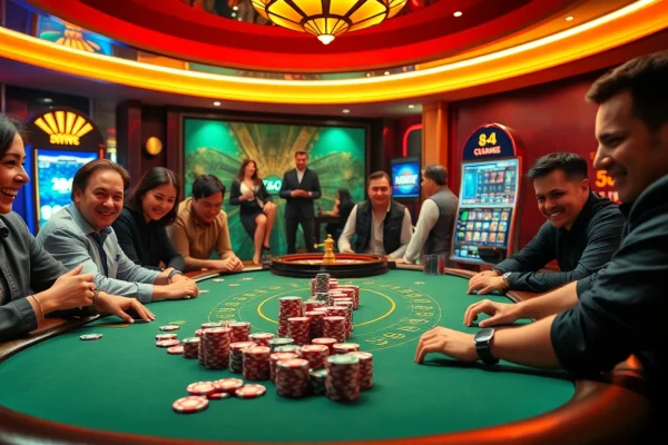 Players at tg88 casino gaming table, surrounded by poker chips and excitement.