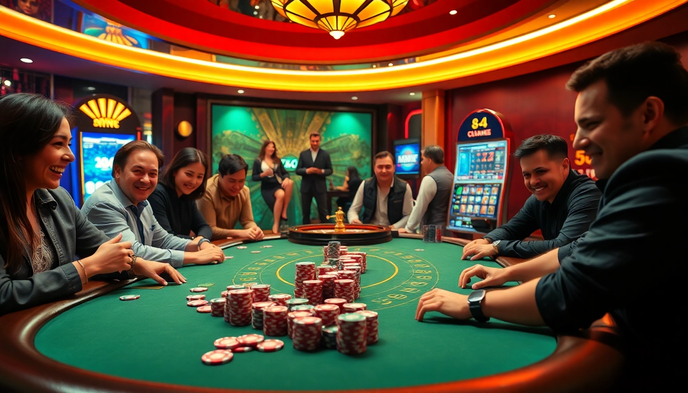 Players at tg88 casino gaming table, surrounded by poker chips and excitement.