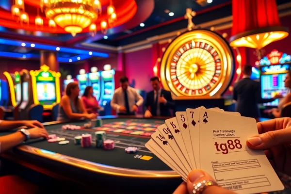 Players enjoying a thrilling game with a tg88-themed betting slip at a luxurious casino table.
