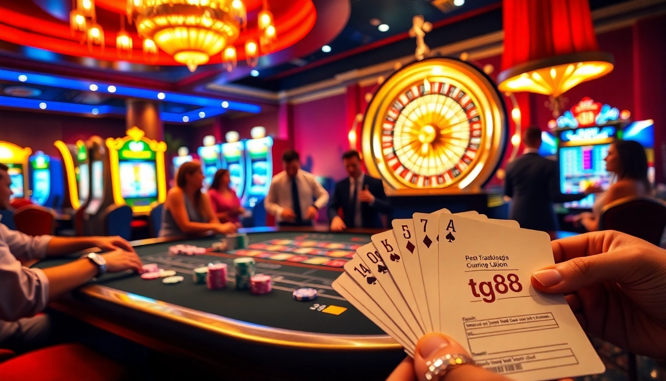 Players enjoying a thrilling game with a tg88-themed betting slip at a luxurious casino table.