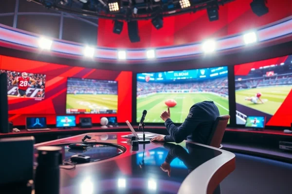 Engaging sports broadcasting setup showcasing a dynamic commentator in a vibrant studio.