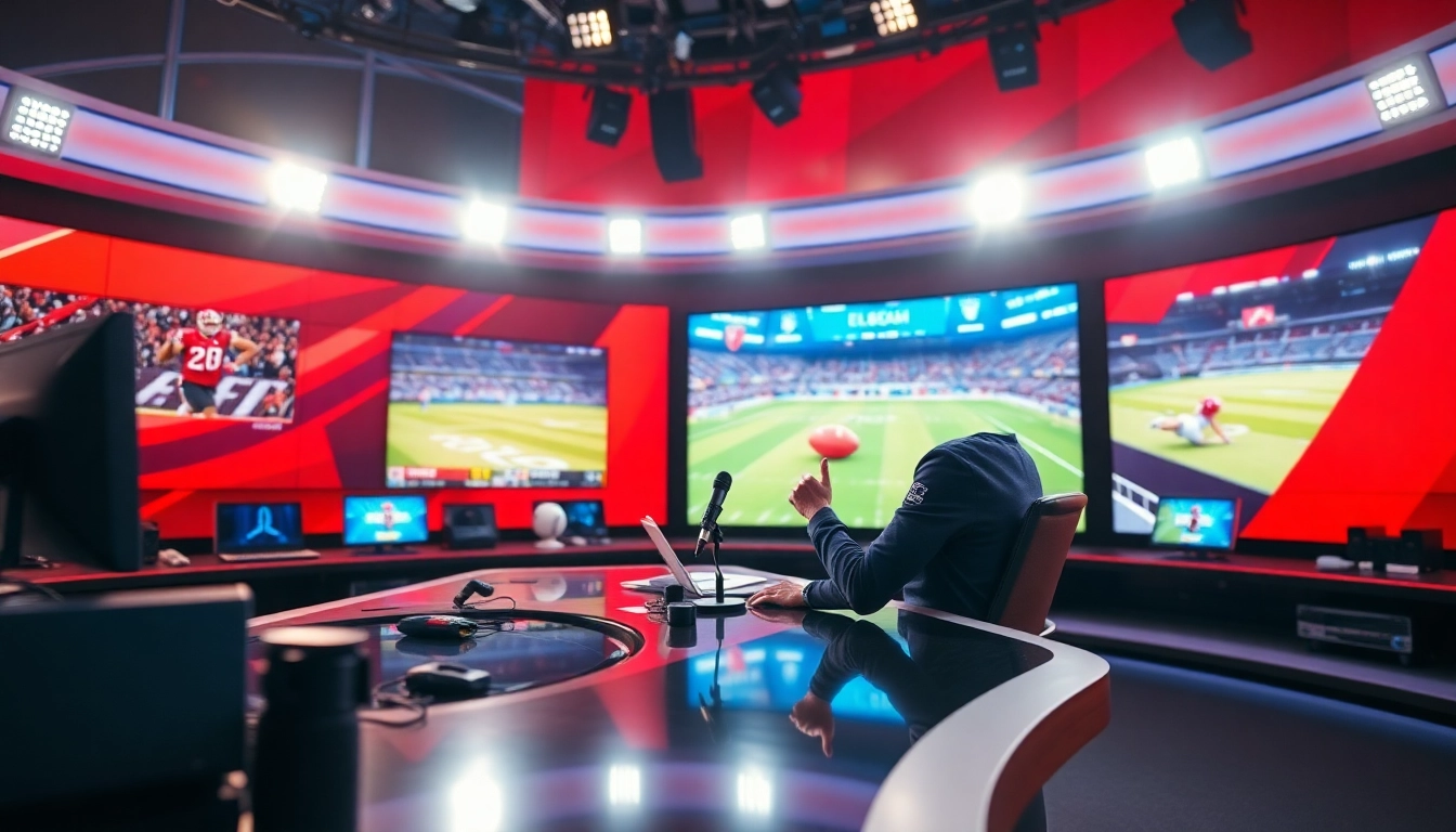 Engaging sports broadcasting setup showcasing a dynamic commentator in a vibrant studio.