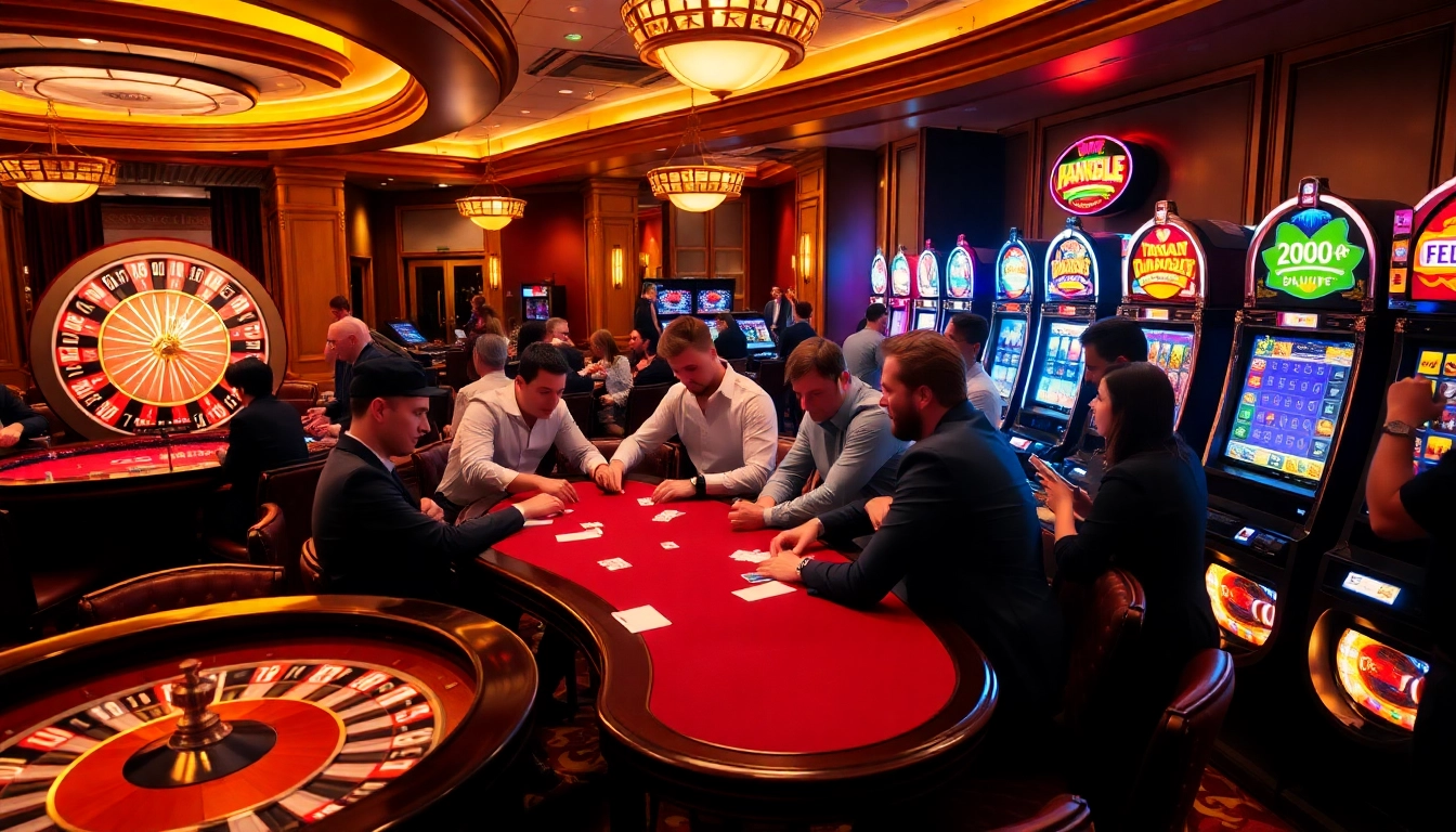 A thrilling casino scene featuring players at poker tables, roulette wheels, and slot machines from https://f168.tools/ showcasing excitement and strategy.