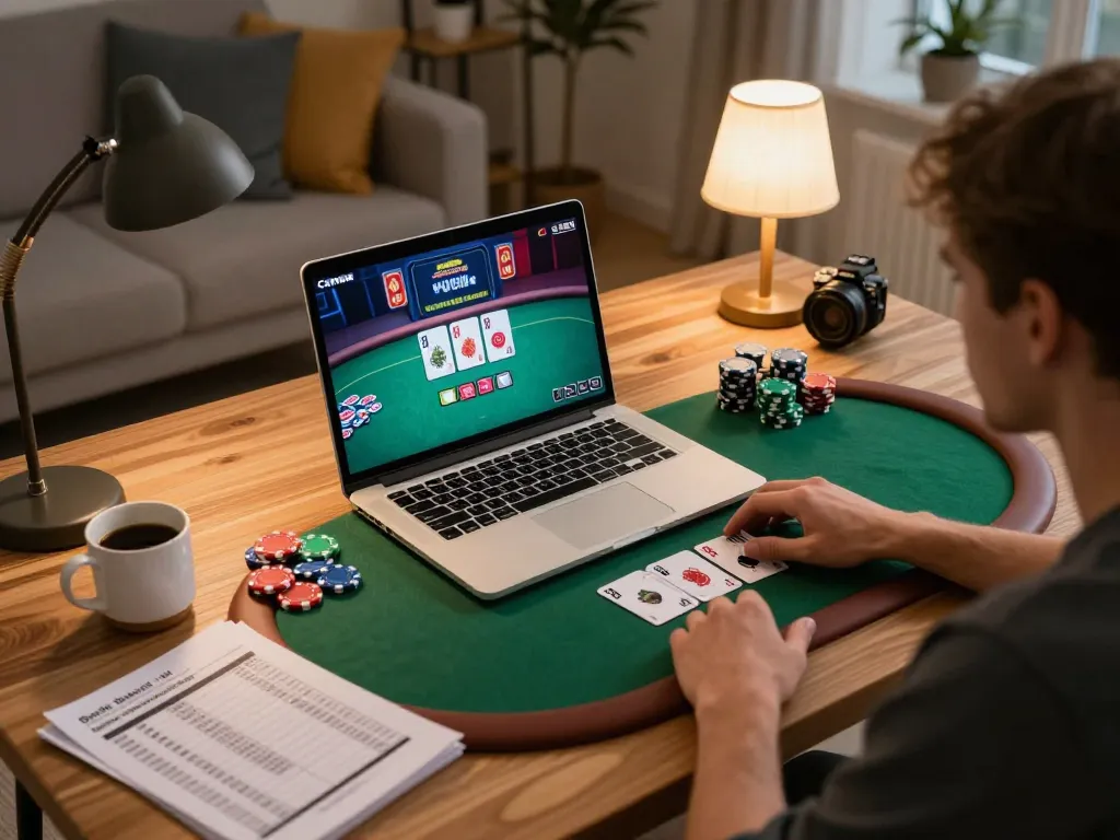Engaging in online poker at home, showcasing go8 gaming strategy and bankroll management.