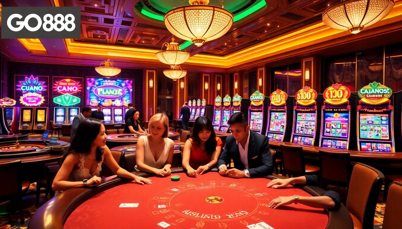 Engage in a thrilling game at GO88’s luxurious casino with diverse players at the blackjack table.