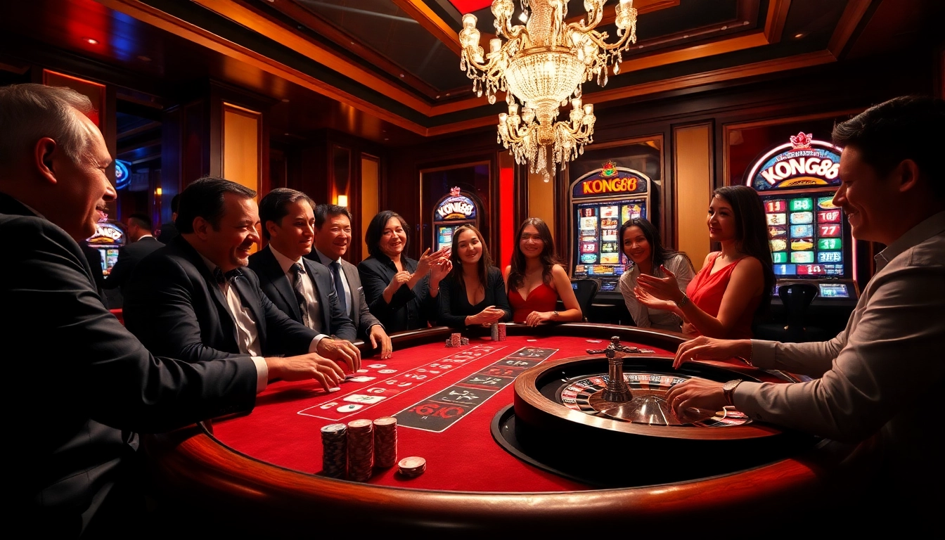 KONG88 poker table with branded chips and exciting roulette wheel in a luxurious casino setting.