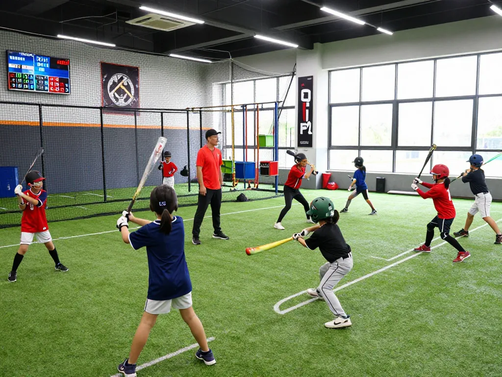 Hitclub baseball training scene with young athletes practicing hitting techniques indoors.