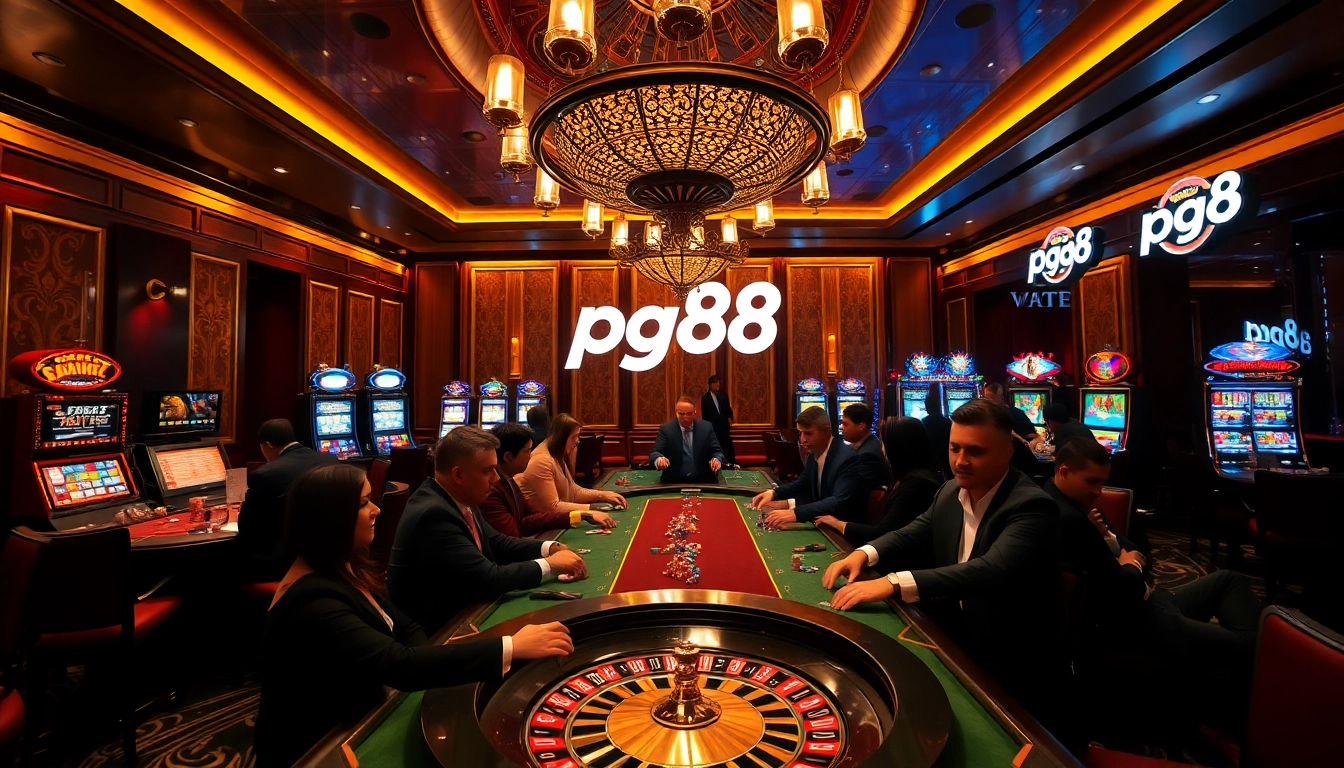 Players enjoying intense poker action at pg88 casino with vibrant slot machines in the background.