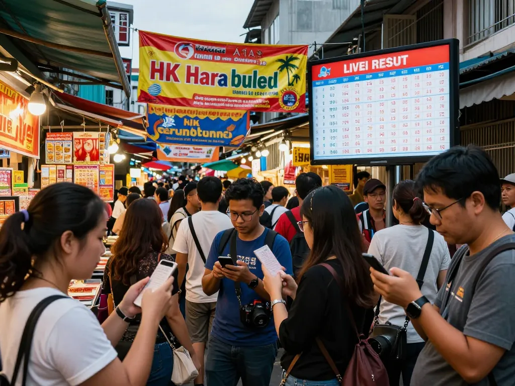 Pemain dengan antusias memeriksa hasil undian HK Hari Ini di tengah suasana pasar yang hidup.
