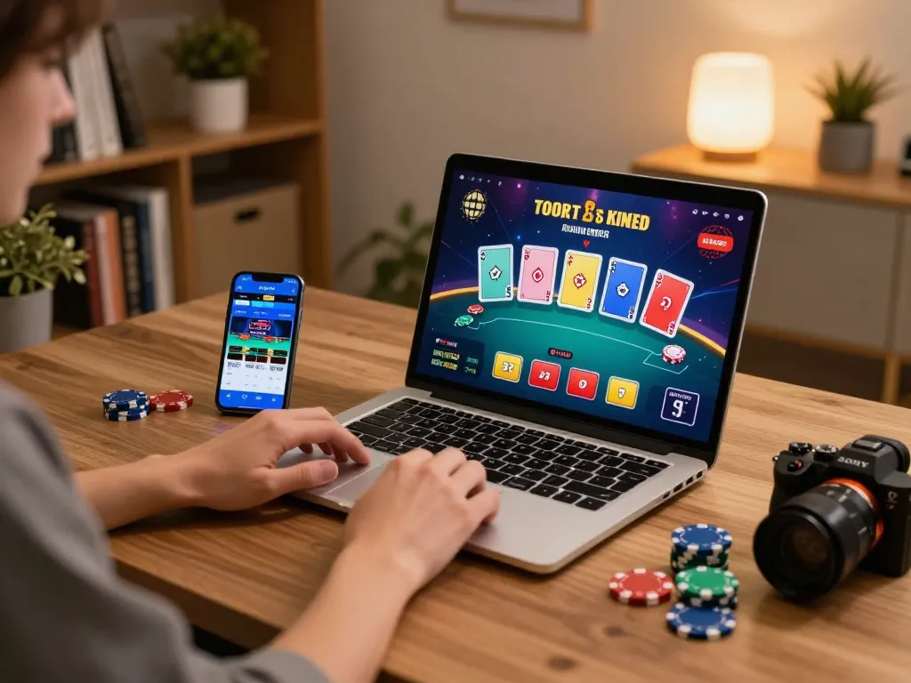 Player enjoying poker action at home with ko66 online casino interface visible on screen.