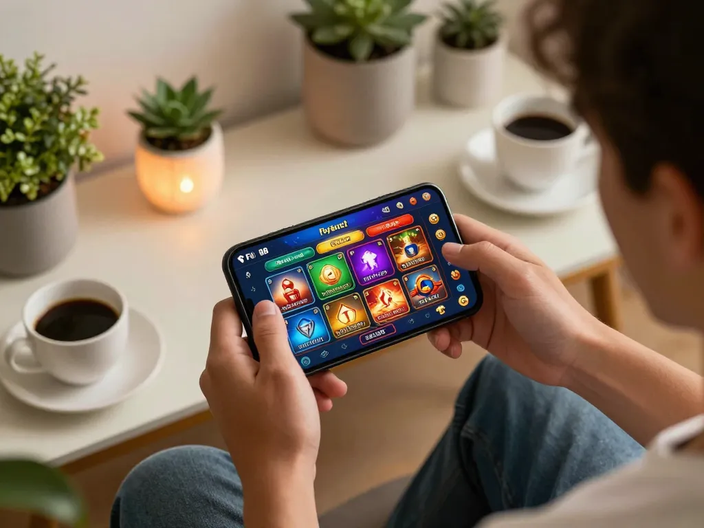 Engaging with the fly88 select app in a cozy home setting, showcasing dynamic mobile gaming.