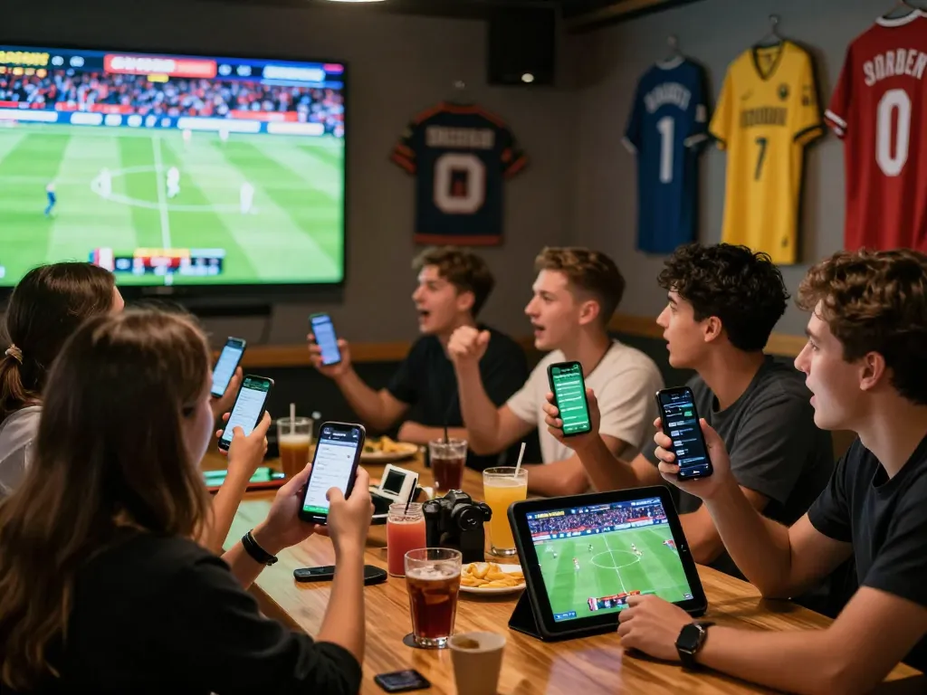 Friends enjoying live sports betting through SBOBET while cheering, full of excitement.