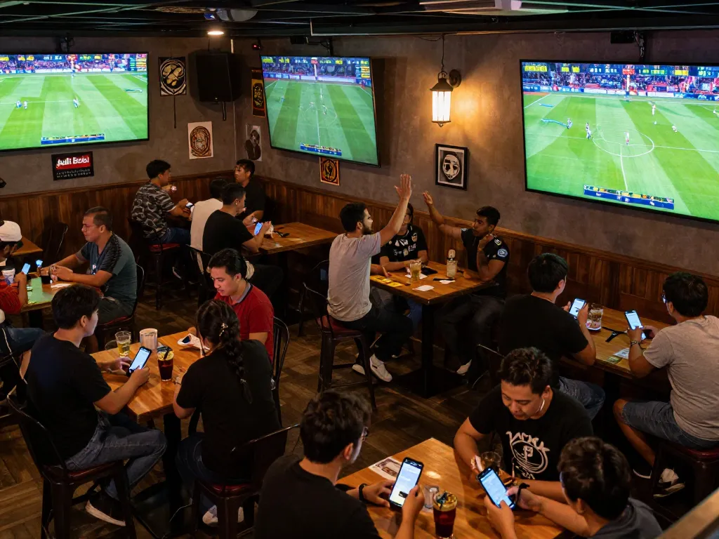 Para penggemar merayakan gol sambil bertaruh pada Judi Bola di sebuah bar olahraga yang ramai