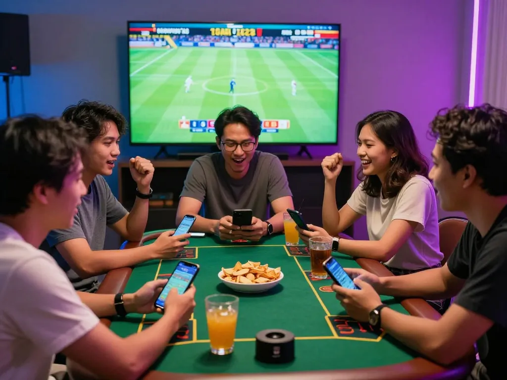 Friends enjoying Judi Bola betting while watching a live football match, vibrant atmosphere, colorful snacks and drinks.