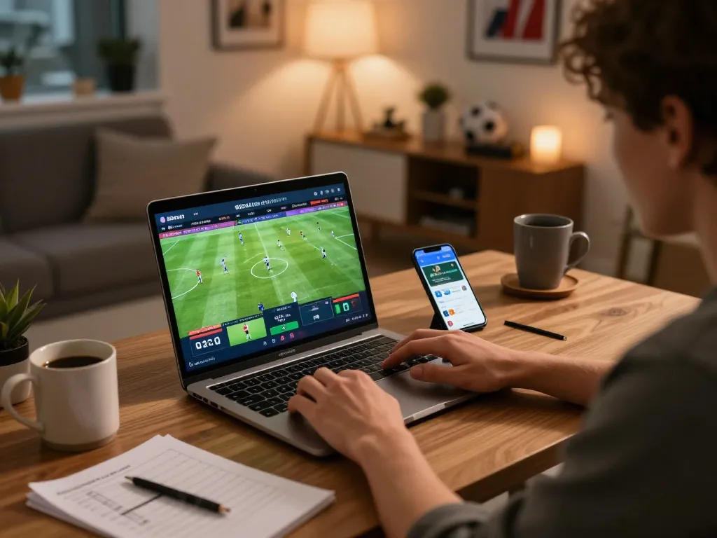 SOCOLIVE user engaging in live sports betting from home, combining strategy and technology.