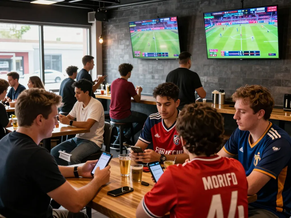 Penggemar SBOBET terlibat dalam strategi taruhan olahraga di bar yang ramai dengan perangkat mobile.