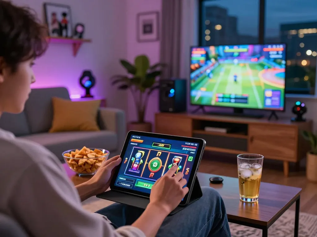 Enjoying dk7 slot game on tablet in cozy living room with snacks and vibrant decor.