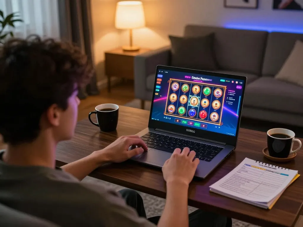 Engaging in online gambling on Ee88go with exciting slot games in a cozy home setup.