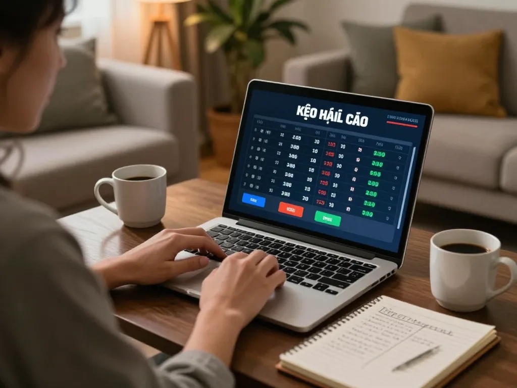 Engaging in online sports betting with kèo nhà cái displayed on a laptop screen.