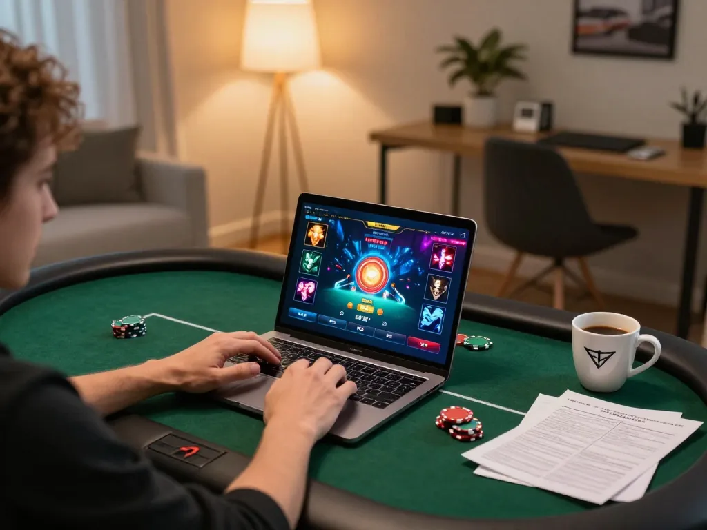Player engaging in online LV88 poker game strategy from a cozy home office setup