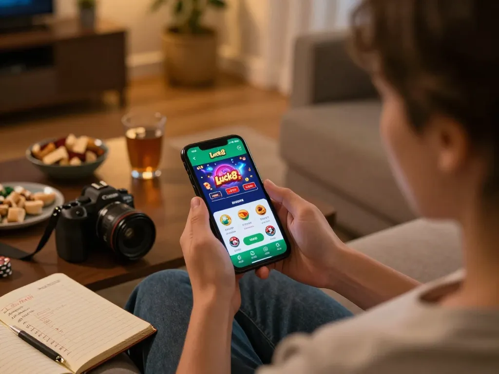 Luck8 mobile app user enjoying casino games from home, highlighting responsible gaming.