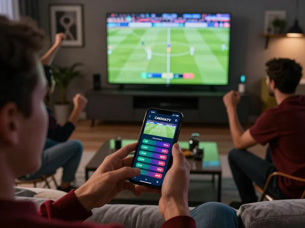 Person engaged in placing a bet on CAKHIATV during a live sports match, showcasing the excitement of sports gambling.