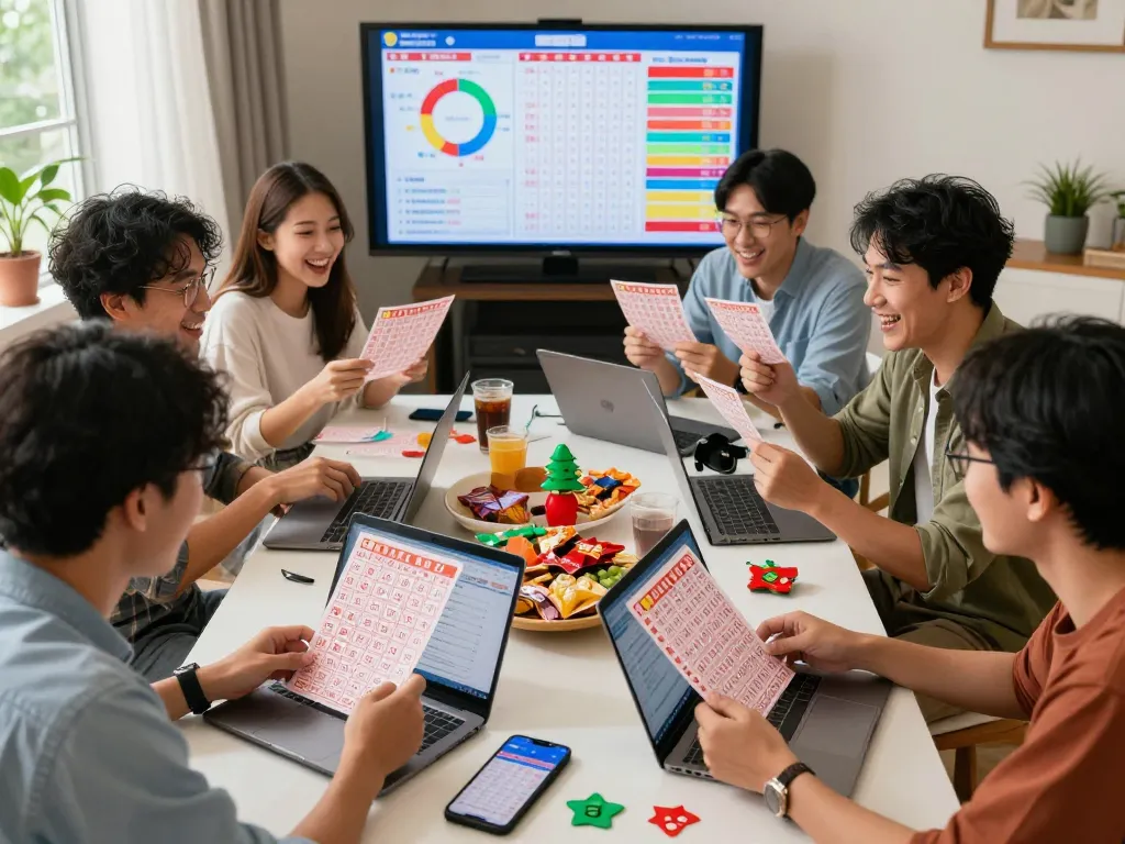 Pemain dengan antusias meninjau tiket lotere HK Hari Ini mereka dalam suasana kelompok yang meriah.