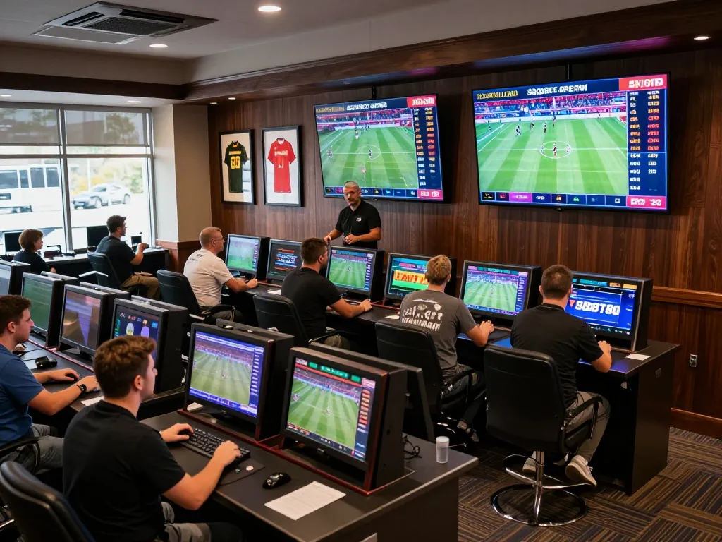 Suasana sportsbook SBOBET88 dengan penjudi yang terlibat dalam taruhan langsung, menampilkan atmosfer yang hidup.
