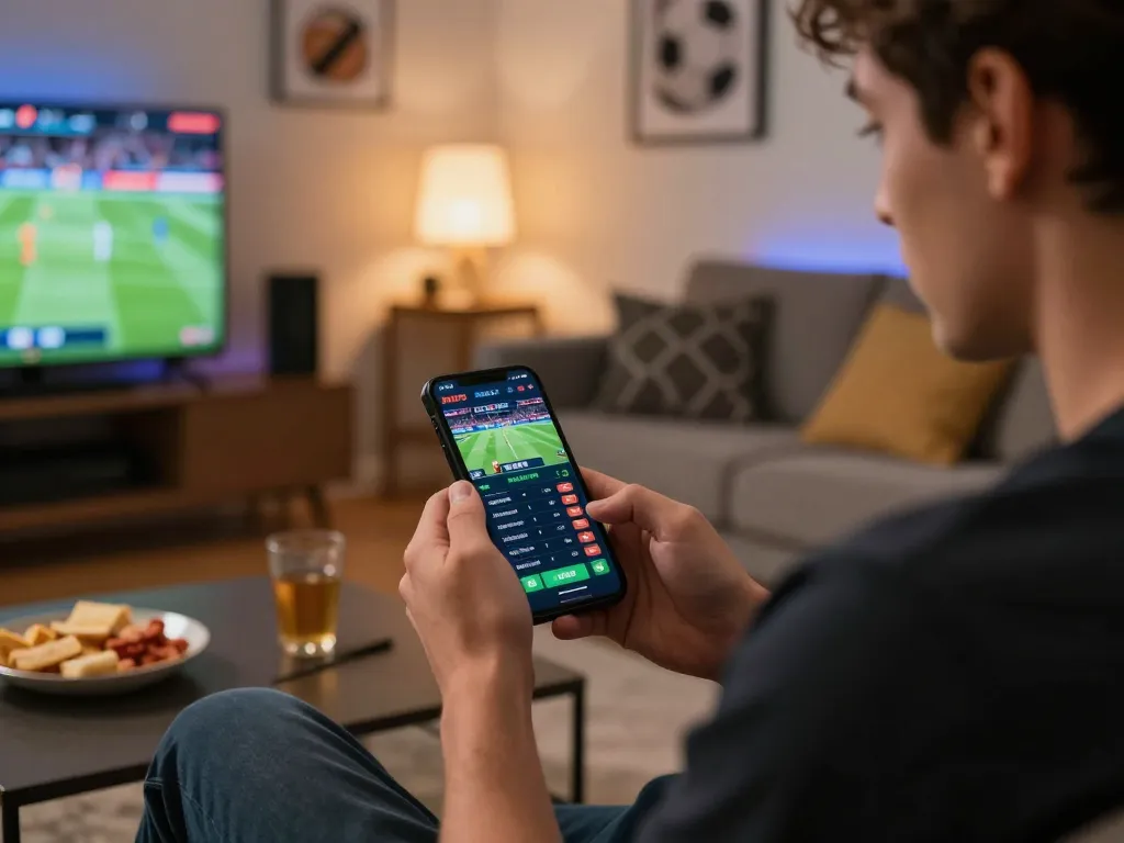 Aktivitas taruhan olahraga SBOBET di smartphone dalam suasana rumah yang nyaman dengan dekorasi olahraga yang terlihat.