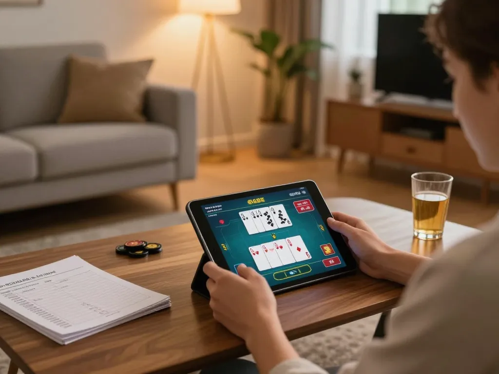 Player enjoying online poker on a tablet at home, showcasing hitclub gaming strategies.