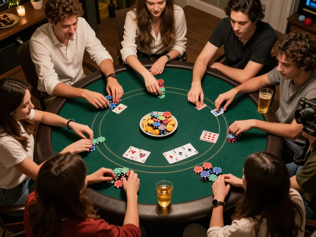 Xoilac users enjoying an engaging poker night at home, dynamic game atmosphere.