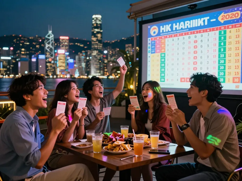 Sahabat yang bersemangat merayakan hasil lotere HK Hari Ini di bawah cahaya malam perkotaan.