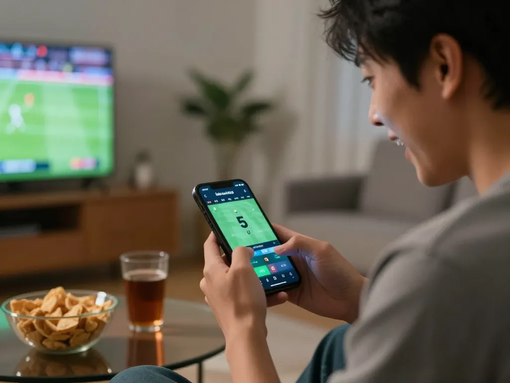 Engaging in strategic online sports betting with kèo nhà cái 5 app on smartphone while enjoying a game.