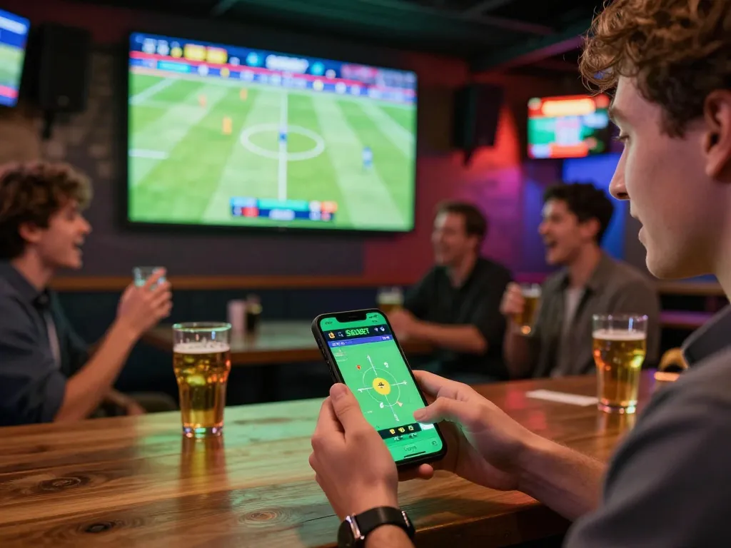 Taruhan mobile SBOBET dalam aksi sambil menonton olahraga langsung di bar olahraga yang ramai, menciptakan suasana yang menarik.