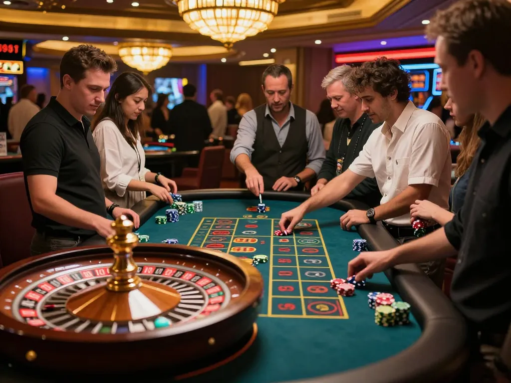 Players betting at a roulette table in a lively casino scene showcasing the thrill at 88xeng.