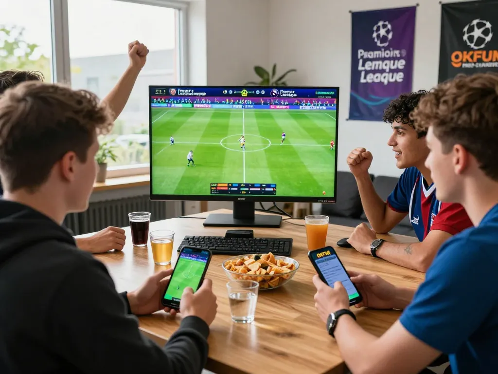 Friends enjoying online sports betting on OKFUN with a lively football match backdrop.