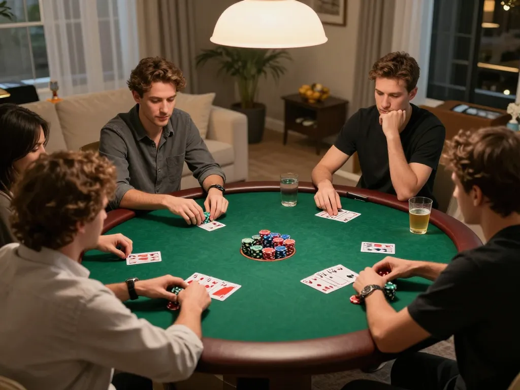 Players strategizing during a friendly poker game, showcasing DA88 poker chips and cards.