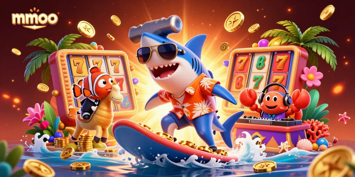 Engage in thrilling gaming with mmoo as cartoon characters celebrate on a gold coin wave.