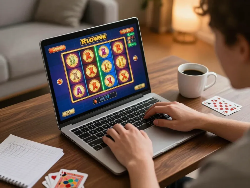 Player enjoying online gaming at lc88, showcasing a cozy home atmosphere with vibrant slot game graphics.