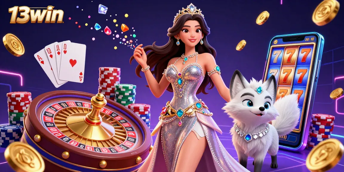Engage with exciting gaming action at 13win with vibrant characters and casino symbols.